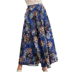 Jupe longue florale décontractée pour femme avec taille élastique à cordon et doubles poches.