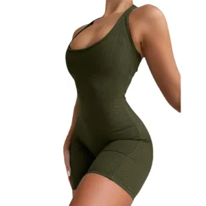 Women knitted solid high-waist tight fitness yoga romper, sexy sleeveless jumpsuit for summer sports.