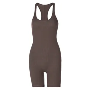 Brown ribbed racerback sports yoga jumpsuit for women, high waist tight activewear romper.