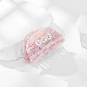 Elegante rosa marmorierte Haarklammer mit drei Perlen, schicker Acetat Haarschmuck für Damen.