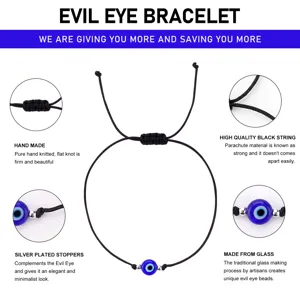 Détail du bracelet mauvais œil avec cordon noir tissé à la main et stoppeurs argentés.