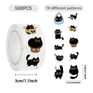 500pcs rouleau mignons autocollants chat noir 10 motifs differents etiquettes adhésives enfants