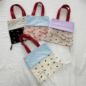 Süße Schleife Farbblock Baumwolle Canvas Handtasche Bedruckt Lässige Einkaufstasche Offene Pendler Kleine Tragetasche Für Damen