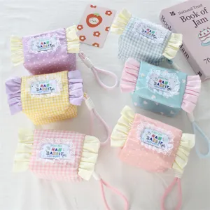 Bolsa de Cosméticos Forma de Caramelo Borde de Volantes Algodón Estampado Cuadros Lunares Monedero Linda Bolsa de Maquillaje para Mujer