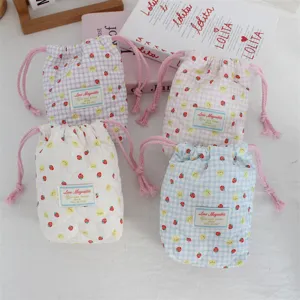 Quilted drawstring camera pouch cute strawberry rabbit pattern portable storage bag soft
