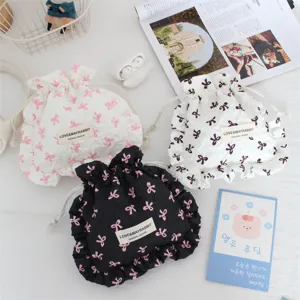 Lindo bolso con cordón fruncido con estampado de lazos, bolsa de maquillaje portátil.