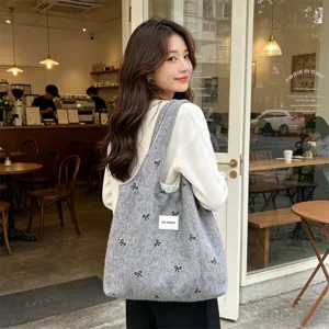 Dames Wollen Tweed Strik Borduurwerk Tote Bag Mode Ins Stijl Schoudertas Retro Veelzijdige Woon-werkverkeer Handtas