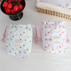 Quilted drawstring camera pouch, cute strawberry chick pattern, portable storage bag detail