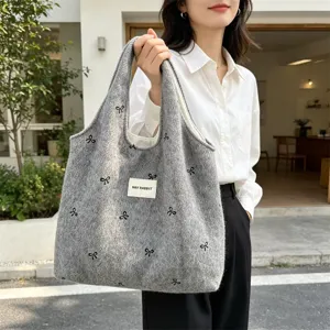 Grijs wollen shopper tas met zwarte strik borduurwerk, casual schoudertas voor dames.
