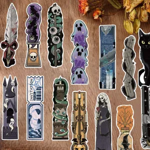 Vintage Halloween bookmarks set featuring retro shaped spooky designs like ghosts, skulls and cats.