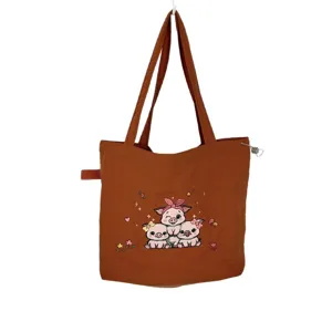 Bolso tote de lona bordado lindo, bolso de hombro coreano de moda con diseño de cerdito.