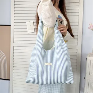 Blue and white striped canvas tote bag, lightweight large capacity casual shoulder bag for women.
