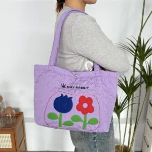 Purple quilted heart shoulder bag with cute flower embroidery, casual tote handbag for women