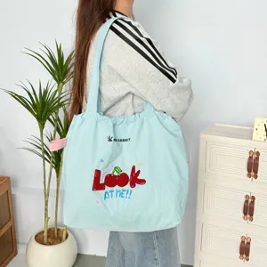 Bolso Tote con Cordón y Bordado de Cerezas Gran Capacidad Bolso de Hombro de Nylon para Mujer Escuela Bolso Casual