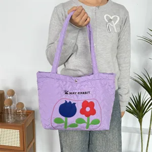 Purple quilted tote bag with cute tulip embroidery, soft large capacity shoulder bag for use.