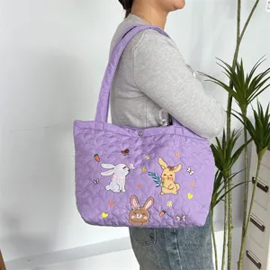Purple Quilted Heart Tote Bag Cute Rabbit Embroidery Casual Shoulder Bag for Women