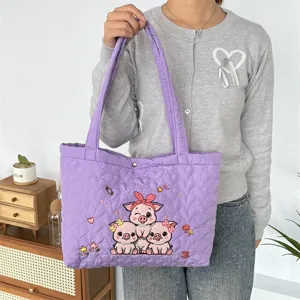 Purple quilted tote bag with cute pig embroidery, soft large capacity shoulder bag casual.