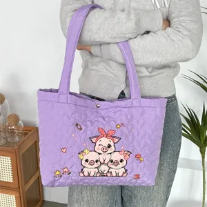 Purple quilted tote bag with cute cartoon pig embroidery, casual shoulder bag for women daily use