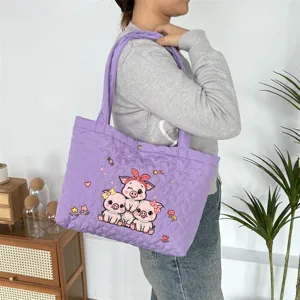Cartoon Embroidery Quilted Tote Bag For Women Large Capacity Heart Pattern Padded Shoulder Bag Casual Commuting Handbag