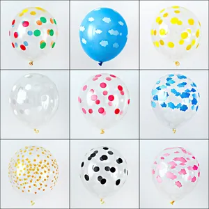 A colorful grid showcasing thick latex balloons with vibrant polka dots and cloud patterns
