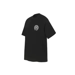 Close-up of black cotton t-shirt featuring a chest pocket with white horseshoe logo