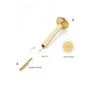 Detailed macro view of S925 sterling silver labret earring with internal screw thread