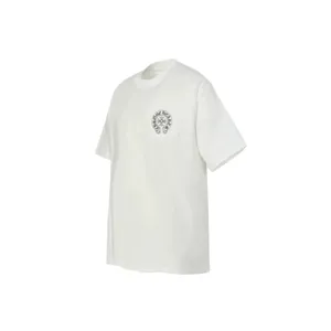 Close-up detail of white cotton t-shirt pocket with black circular graphic print