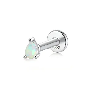 Detail showing S925 sterling silver labret stud with a teardrop opal gemstone inlay