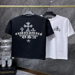 Gothic cross and horseshoe print short sleeve Chrome Hearts style T-shirt in black and white