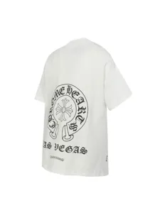 White high-quality cotton T-shirt with black gothic horseshoe logo and Las Vegas back print