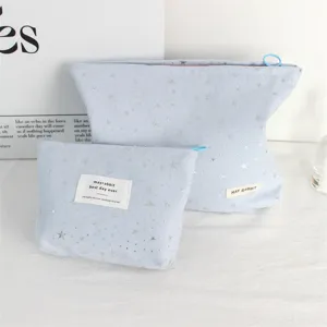 Blue star sequin makeup bag set, portable travel cosmetic pouch and storage organizer for women.