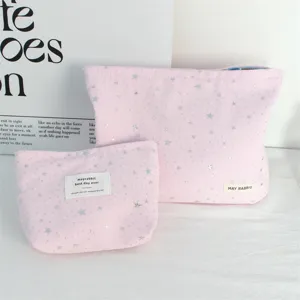 Pink canvas cosmetic bag set with silver star sequin pattern, large portable storage pouch.