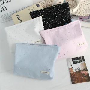 Ins Silver Star Sequin Canvas Makeup Bag Large Capacity Portable Skincare Storage Pouch Handheld Cosmetic Bag For Women