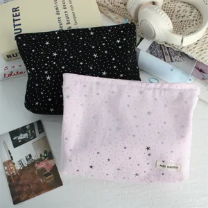 Silver star sequin makeup bag, large capacity portable cosmetic pouch and toiletry organizer.