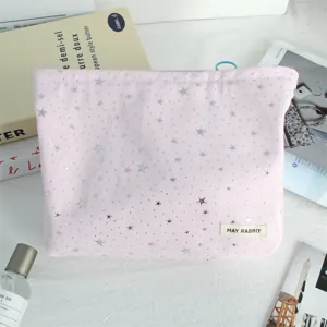 Pink canvas cosmetic bag with silver stars and sequins, large capacity portable storage pouch.
