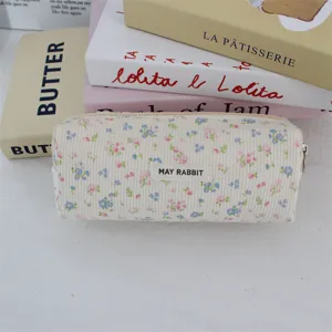 Estuche de pana con flores lindo necesis de maquillaje bolsa portátil de papelería bolsa