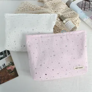 Silver star sequin cosmetic bag large capacity portable makeup storage pouch for daily travel use.
