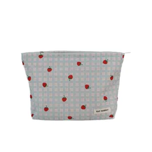Neceser de pana con cuadros rosas y estampado de fresas, bolsa de almacenamiento con cremallera.