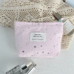 Pink canvas cosmetic bag with silver star sequins, large capacity portable makeup storage pouch.
