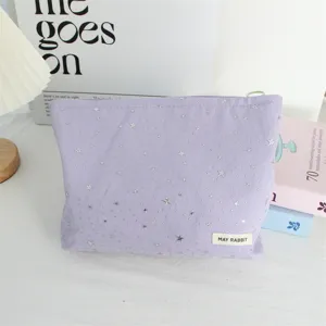 Purple silver star sequin cosmetic bag large capacity portable makeup pouch for daily use