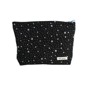 Black cosmetic bag with silver stars pattern, portable makeup pouch with zipper closure.