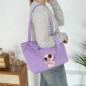 Purple quilted tote bag with cute cartoon pig embroidery. Soft large capacity shoulder bag.
