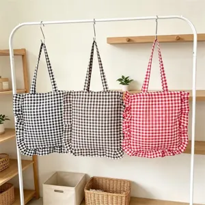 Damen Rüschen Kariert Tote Bag Polyester Schulterhandtasche Große Kapazität Lässig Täglich Pendeln Leinwand Innentasche Offene Tasche