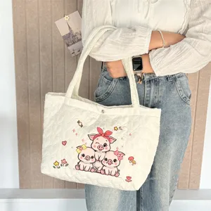 Gewatteerde shopper met schattige cartoon varken borduurwerk, grote schoudertas casual.