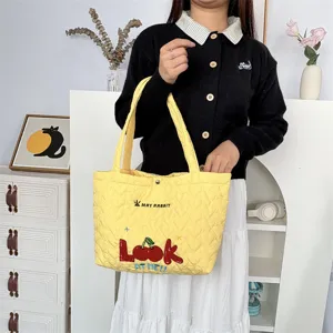 Yellow quilted tote bag with cute cherry embroidery, stylish casual shoulder bag for women.
