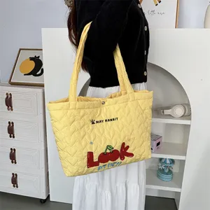 Yellow quilted tote bag with cute heart pattern and cherry embroidery for women shopping