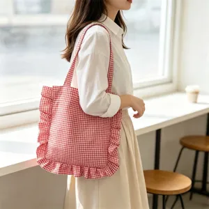 Rot-weiße karierte Rüschen Schultertasche Detail, stilvolle Stoff Tote Tasche für den Alltag.