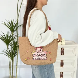 Leuke gewatteerde shopper met schattig varken borduurwerk, grote capaciteit schoudertas.