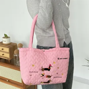 Pink quilted tote bag featuring cute dachshund embroidery, soft large capacity shoulder bag.