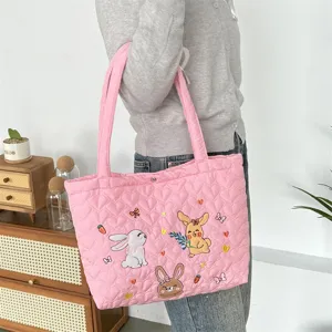 Pink quilted tote bag with cute rabbit embroidery, soft large capacity shoulder bag.